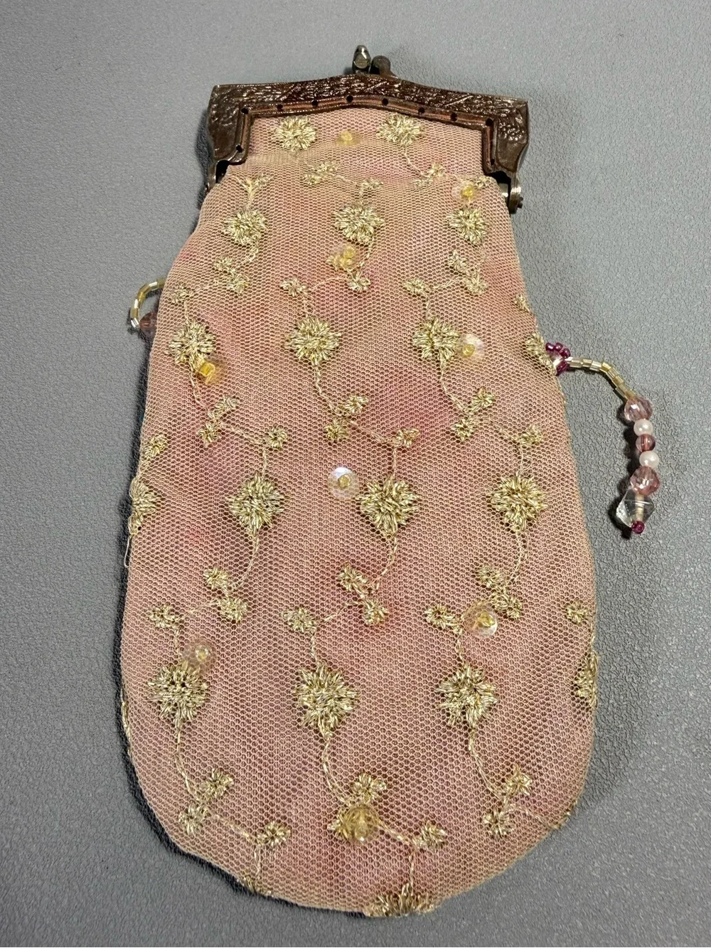 Wayne M Kleski Vintage Pink Silk & Mesh Floral Embroidered Beaded Clutch